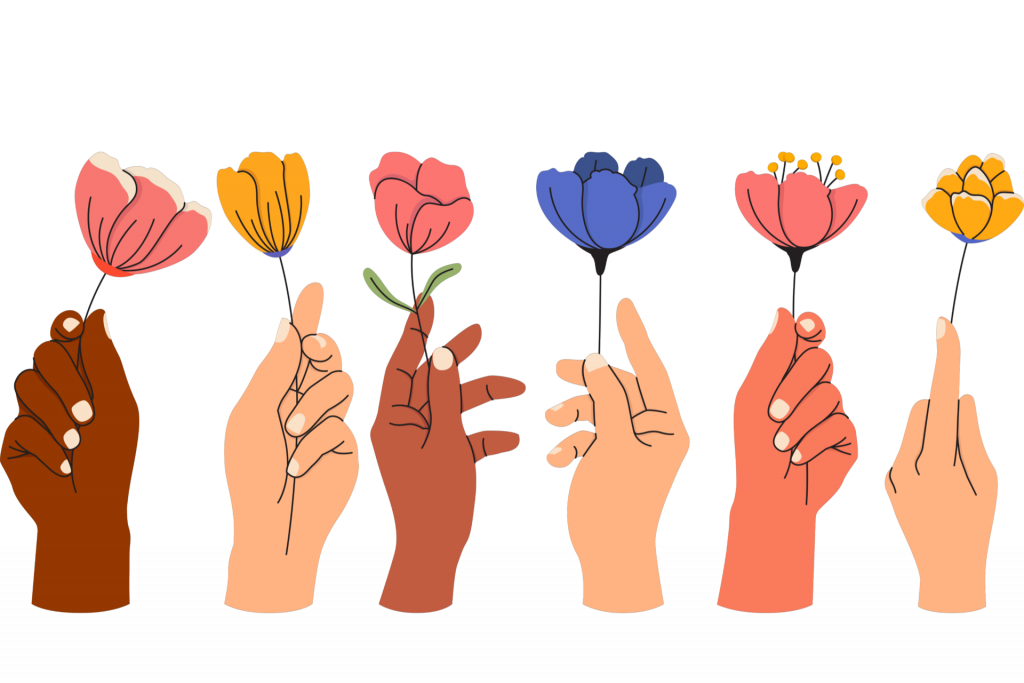 Diverse weibliche Hände halten Blumen in die Höhe in einem gezeichneten Stil